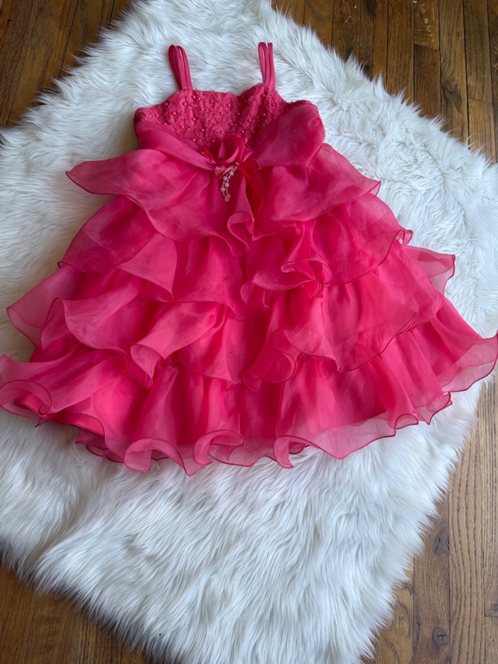 Girls Pink Layered Ruffle Formal Dress with Bow Accent
